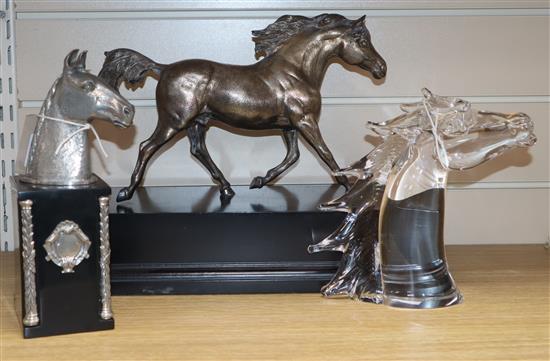 A pewter model of a running horse, another of a horses head and a Murano glass horses head (3)